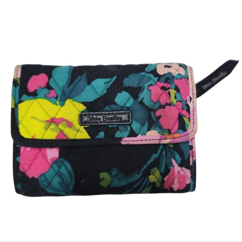Vera Bradley Euro Wallet Black Hilo Meadow Magenta Quilted Fabric Fold Over Snap